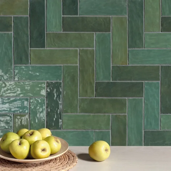 Riad Green Brick Effect Gloss Ceramic Wall Tile 20x6.5cm
