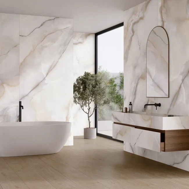 Daphne White Onyx Marble Effect Large Polished Porcelain Slab 280x120cm