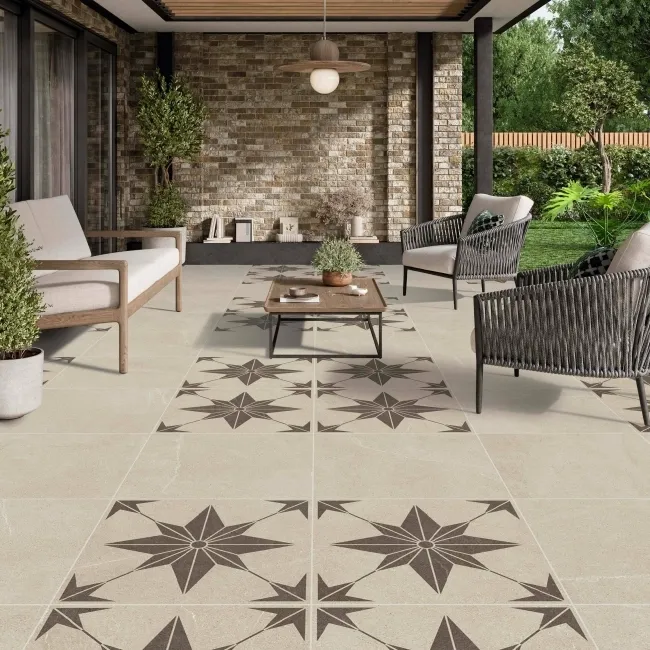 Bellevue Star Decor Ivory Stone Effect Matt Porcelain Outdoor Paving Tile 59.2x59.2cm