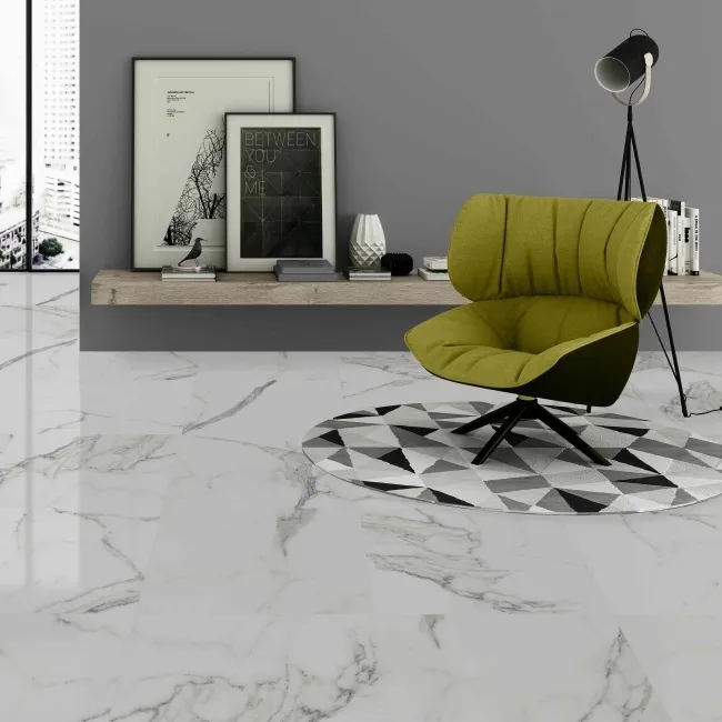 Carrara White Gloss Marble Effect Ceramic Tile 45x45cm