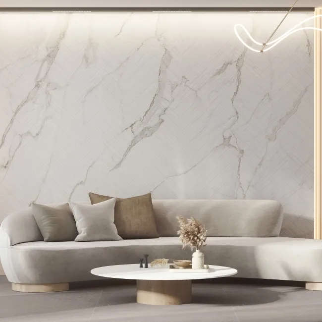 Lumier White Marble Effect Chevron Decor Large Porcelain Slab 275x100cm