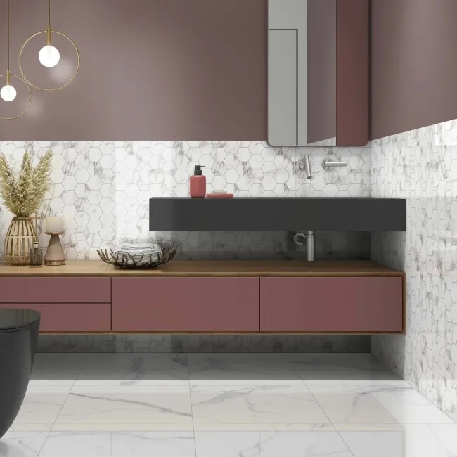 Carrara White Gloss Marble Effect Ceramic Tile 45x45cm